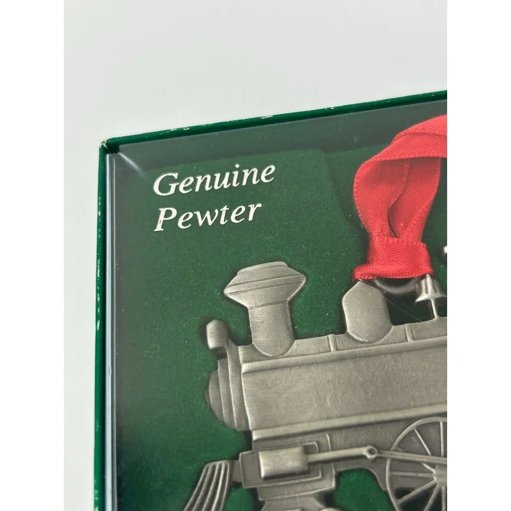 Genuine Pewter Train Christmas Ornament Holiday Tree Decor Red Ribbon VTG USA